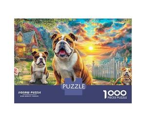 Puzzle 1000 pièces « Bulldogs Garden » en Carton recyclé Robuste, représentant Groupe Chiots en Fleurs. Adultes, avec ou sans Cadre. Cadeau d'anniversaire ou Moment Calme. 38 x 26 cm / 1000 pièces