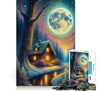 Puzzle 1000 pièces Cabane d'hiver sous la Pleine Lune,1000 pièces,Jeu Stimulant Le Cerveau,Assemblage Parfait,Divertissement d'intérieur Chaleureux pour Tous (38x26cm)