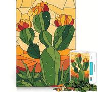 Puzzle 1000 pièces Cactus Illustration Vitrail Découpe Parfaite Jeu de Logique Amusant Jeu Gratuit Activité Anniversaire (50x75cm)