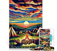 Puzzle 1000 pièces Camping Coucher de Soleil WPAP Popart Premium Découpe Jeu Exercice Mental Paix Moment de détente Cadeau d'anniversaire Amusant (38x26cm)