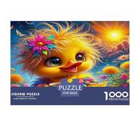 Puzzle 1000 pièces Canard Jaune décoration Murale | Poussin Couronne de Fleurs psychédélique Vibrant Mignon Anti-Stress décoration Murale pour Adultes 38x26cm