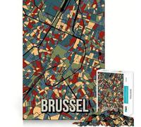 Puzzle 1000 pièces Carte de Bruxelles aux Tons naturels Art Abstrait de Voyage Décoration soignée Découpe précise Jeu de logique et de Calme Décoration de Noël Cadeau (50x75cm)