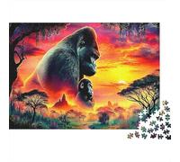Puzzle 1000 pièces Carton épais Gorille au Couché de Soleil,52x38cm, Gorille et Petit, adolescents12ans+/Adultes Seniors, passionnés, Anti-Stress, Loisir intérieur