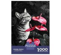 Puzzle 1000 Pièces Cat and Anthurium Flowers Painting Puzzles pour Adultes, Jeu Familial, Améliore La Mémoire, Offrez-Les en Cadeau À Toute La Famille 52x38cm/1000pcs