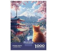 Puzzle 1000 Pièces Cat Gazing at Mount Fuji, Japan Puzzles pour Adolescents : Améliorent La Mémoire, Défi Éducatif, Cadeaux pour Les Amis Et La Famille 52x38cm/1000pcs