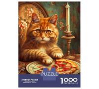 Puzzle 1000 Pièces Cat with Pizza and Candle Puzzle pour Adolescents Améliore La Mémoire Entraîne Ton Cerveau Et Tes Mains Jouet Addictif pour Cultiver La Patience 70x50cm/1000pcs