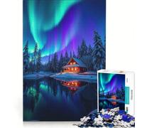 Puzzle 1000 pièces Chalet d'hiver Chaleureux sous Les aurores boréales, Jeu Pratique, Difficile, Cadeau Unique pour Un Anniversaire ou Noël 38x52cm