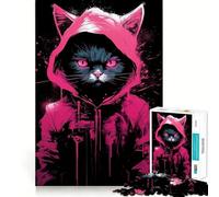 Puzzle 1000 pièces Chat à Capuche Rose Effet Vieilli,Ajustement Parfait,Jeu créatif et Artistique pour se détendre et s'amuser,décoration de Noël (38x52cm)