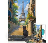 Puzzle 1000 pièces Chat à Paris avec Tour Eiffel,Bords Nets,Jeu cognitif,Jouet Amusant et Facile à Jouer,Cadeau de Noël (50x75cm)