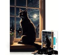 Puzzle 1000 pièces Chat Assis à la fenêtre Bordure Fine Activité intellectuelle Jeu Relaxant Cadeau de Noël Amusant (50x75cm)