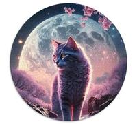 Puzzle 1000 pièces Chat au Clair de Lune de Conte de fées Puzzle Rond 1000 pièces pour Adultes pour la fête des mères, Les Anniversaires et Noël (Taille 67,5 x 67,5 cm)