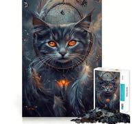 Puzzle 1000 pièces Chat avec Attrape-rêves Découpe précise Jeu de réflexion Amusant Jeu de détente Cadeau de Loisirs Festif (38x26cm)
