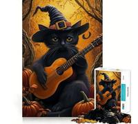 Puzzle 1000 pièces Chat avec Chapeau de sorcière et Guitare Pièces nettes Jeu de développement cognitif Moment de Calme et de Divertissement Décoration de Noël (38x26cm)