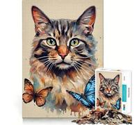 Puzzle 1000 pièces Chat avec Papillon Esthétique Jointure Lisse Jeu de réflexion Amusant Jeu Occasionnel Décoration de Noël (50x75cm)