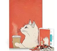 Puzzle 1000 pièces Chat avec Tasse de café Illustration Jeu de réflexion Amusant et Facile à Assembler,idéal pour Un Moment de détente et de créativité,à décorer pour Noël (38x52cm)