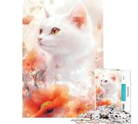 Puzzle 1000 pièces Chat Blanc à l'aquarelle Florale Défi intellectuel Jeu addictif et Manuel Cadeau d'anniversaire Cadeau de Père Noël Secret (Dimensions 75x50cm)