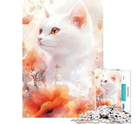 Puzzle 1000 pièces Chat Blanc à l'aquarelle Florale Jeu de réflexion Stimulant l'intelligence Jouet addictif Cadeau d'anniversaire Défi Difficile (Dimensions 38x52cm)