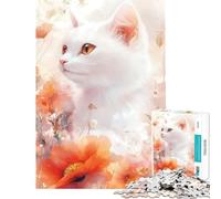 Puzzle 1000 pièces Chat Blanc à l'aquarelle Florale Jeu de réflexion Stimulant l'intelligence Jouet addictif Cadeau d'anniversaire Défi Difficile (Dimensions 38x26cm)