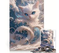 Puzzle 1000 pièces Chat Blanc Océan pour Adolescents Pensée Claire, Engagement Doux, Assemblage Ferme, Joli Cadeau (38x52cm)