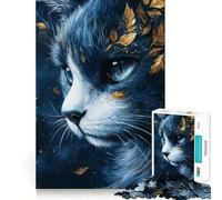 Puzzle 1000 pièces Chat Bleu et Feuilles dorées,Bords Fins,Loisir créatif,Jeu de détente,Cadeau de décoration d'anniversaire (38x52cm)
