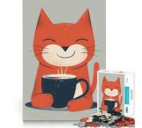 Puzzle 1000 pièces Chat Buvant du café Sourire Bords Nets Décoration Jeu cognitif Jouet Facile à gérer Amusant Cadeau de Noël Loisirs (38x52cm)