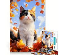 Puzzle 1000 pièces Chat Calico dans des Feuilles d'automne Jeu aux Bords Parfaits Jeu cognitif et Amusant Jeu de Relaxation Décoration Artistique de Noël (38x26cm)