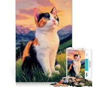 Puzzle 1000 pièces Chat Calico dans Un Paysage de Montagne Pièces nettes et découpées Jeu de développement cognitif Moment de Calme et de Divertissement Décoration de Noël (38x52cm)
