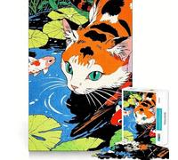 Puzzle 1000 pièces Chat Calico et Bassin de carpes koï Pièces découpées nettes Jeu de développement cognitif Moment de Calme et de Divertissement Décoration de Noël (50x75cm)