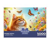 Puzzle 1000 pièces Chat dans Jardin Fleuri pour Adultes et Enfants - Chat Orange Fleur Papillon, Difficile, 38x26cm