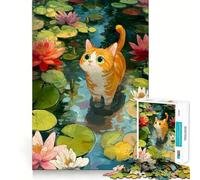 Puzzle 1000 pièces Chat dans Un étang aux nénuphars Illustration Découpe soignée Décoration Jeu de réflexion Cadeau Jeu Calme Activité d'anniversaire (38x26cm)