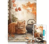 Puzzle 1000 pièces Chat d'automne Faisant la Sieste avec Un thé Décoration Murale Clean Fit Jeu de logique et d'adresse pour Un Moment de détente Décoration Murale de Noël (38x52cm)