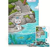 Puzzle 1000 pièces Chat de Dessin animé pêchant en Bord de mer Pièces nettes et découpées Jeu de développement cognitif Moment de Calme et de Divertissement Décoration de Noël (50x75cm)