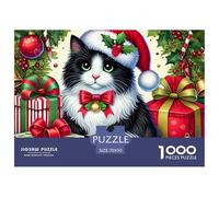Puzzle 1000 pièces Chat de Noël - Chat Noir et Blanc avec Chapeau du Père Noël, Jeu Éducatif Anti-Stress, Décoration Murale & Cadeau pour Adultes 70x50cm