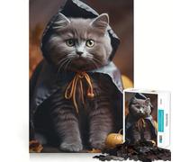 Puzzle 1000 pièces Chat déguisé pour Halloween avec des citrouilles Décoration soignée Découpe logique Jeu de réflexion Calme Décoration de Noël Cadeau (50x75cm)