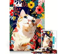 Puzzle 1000 pièces Chat en Patchwork Floral Bords Parfaits Jeu cognitif Jeu de Relaxation Décoration Artistique de Noël (38x26cm)