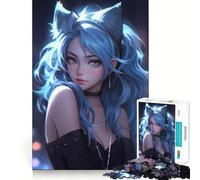 Puzzle 1000 pièces Chat Fille Bleu Néon Anime Découpe Soigneuse Décoration Logique Jeu Calme et Détente Cadeau de Noël (38x26cm)