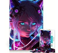 Puzzle 1000 pièces Chat Fille Bleu Néon Anime Premium Découpe Jeu Exercice Mental Jouet Paix et Divertissement Cadeau d'anniversaire Amusant (38x26cm)