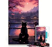 Puzzle 1000 pièces Chat Fleurs de Cerisier,Assemblage Parfait,Jeu Artistique et intellectuel,Divertissement pour se détendre,Cadeau d'anniversaire Amusant (38x26cm)
