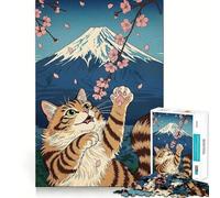 Puzzle 1000 pièces Chat Fleurs de Cerisier Fuji Flawless Fit Art Stimulant Jeu de détente Cadeau d'anniversaire Amusant (38x52cm)