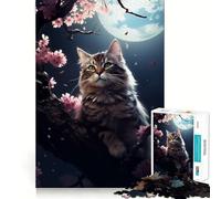 Puzzle 1000 pièces Chat Fleurs de Cerisier Japon Assemblage Parfait Jeu Artistique et Stimulant pour l'esprit,Jeu de détente,Cadeau d'anniversaire Amusant (50x75cm)