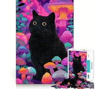 Puzzle 1000 pièces Chat Forêt de Champignons Jeu de Découpe sans Couture Activité Mentale Activité Paisible Cadeau d'anniversaire Loisirs (38x26cm)