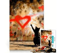 Puzzle 1000 pièces Chat Graffiti avec cœur Rouge Pièces nettes et découpées Jeu de développement cognitif Moment de Calme et de Divertissement Décoration de Noël (38x26cm)