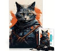 Puzzle 1000 pièces Chat Guerrier Japonais,Assemblage Parfait,Jeu d'art et de Réflexion,Cadeau d'anniversaire Amusant (38x26cm)