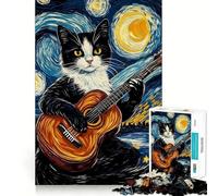 Puzzle 1000 pièces Chat Jouant de la Guitare sous Une Nuit étoilée Jeu d'articulation Fine et Amusant pour résoudre des problèmes,Jeu Calme et Amusant,décoration de Noël,Cadeau (38x52cm)