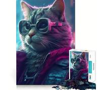 Puzzle 1000 pièces Chat Lunettes Veste Futur Parfait Bordure Jeu Cognitif Jeu Amusant Jeu Lent Décoration Art de Noël (38x26cm)