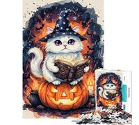Puzzle 1000 pièces Chat Magicien d'halloween sur Citrouille Activités Amusantes à la Maison Défi Difficile Jeu Impossible pour Les 14 Ans et Plus (38x26cm)