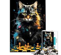 Puzzle 1000 pièces Chat Maître d'échecs Portrait Jeux Amusants Défi d'intelligence et de réflexion Jouet addictif Cadeau pour Femmes et Hommes (Dimensions 38x52cm)