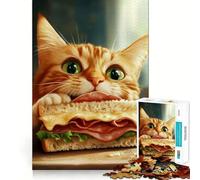Puzzle 1000 pièces Chat Mangeant Un Sandwich Jeu de Bord Parfait Jeu cognitif Jeu Lent Décoration Artistique Amusante pour Noël (50x75cm)