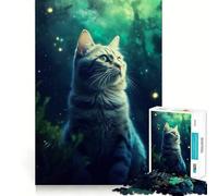 Puzzle 1000 pièces Chat Mystique Lumineux Nuit Découpe Précise Jeu d'art Développant la Dépendance Cognitive Loisirs Amusants Cadeau de Noël Calme (38x26cm)