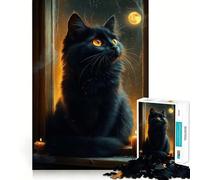 Puzzle 1000 pièces Chat Noir à la fenêtre la Nuit Jeu d'articulation Fin et Stimulant,idéal pour se détendre et Passer Un Moment agréable Cadeau de Noël idéal (50x75cm)
